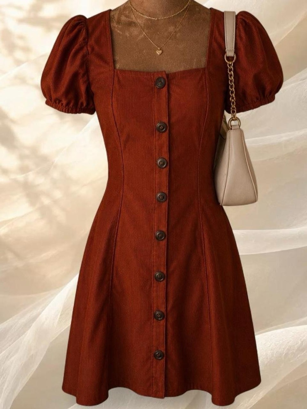 Sequin Hearts Button Front Pouf Sleeve Mini Dress Rust Orange Square Neck